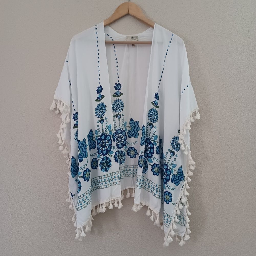 JC Sunny Open Front Kimono With Embroidered Print and Tassel Details